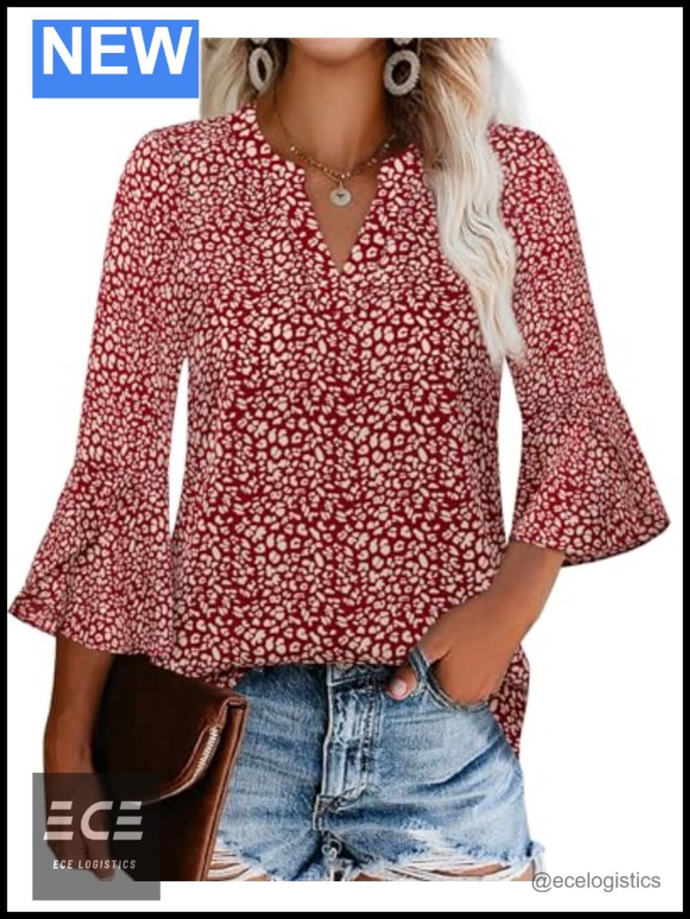 Women's Chiffon 3/4 Ruffle Sleeve Blouse Dressy Work Top V-Neck Floral Print